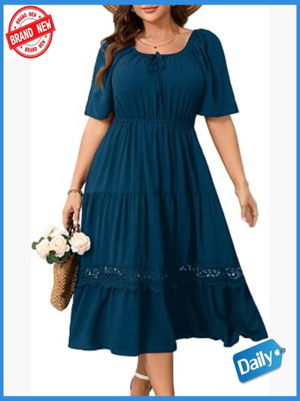 Plus Size Maxi Dress Short Sleeve Square Neck Flowy A-Line Lace Trim Flutter